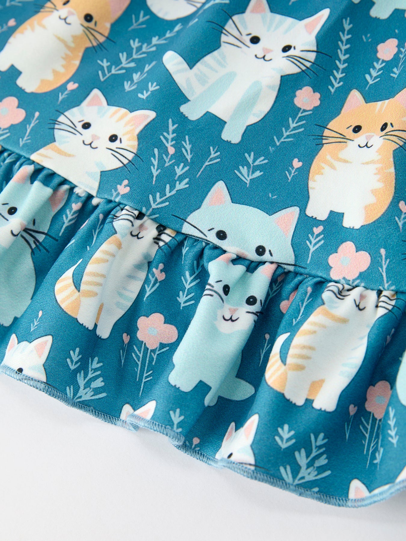 PREORDER Fall Cat Print Girls Long Sleeve Ruffle Hem Dress