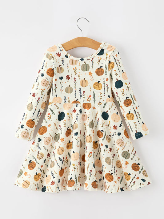 Fall Orange Pumpkin & Leaf Twirl Girls Dress