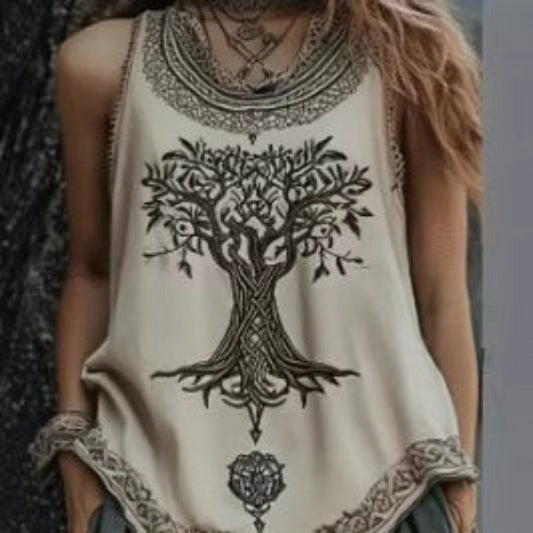 Women's Digital Print Pleated Crew-Neck Tank Top – Plus Size