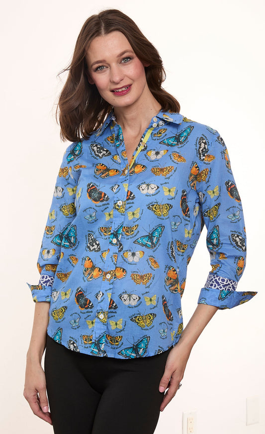 3/4 Sleeve Rome Shirt Blue Ground Cotton Voile Butterfly Print