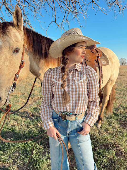The Tan Gingham Pearl Snap Top-BEST SELLER