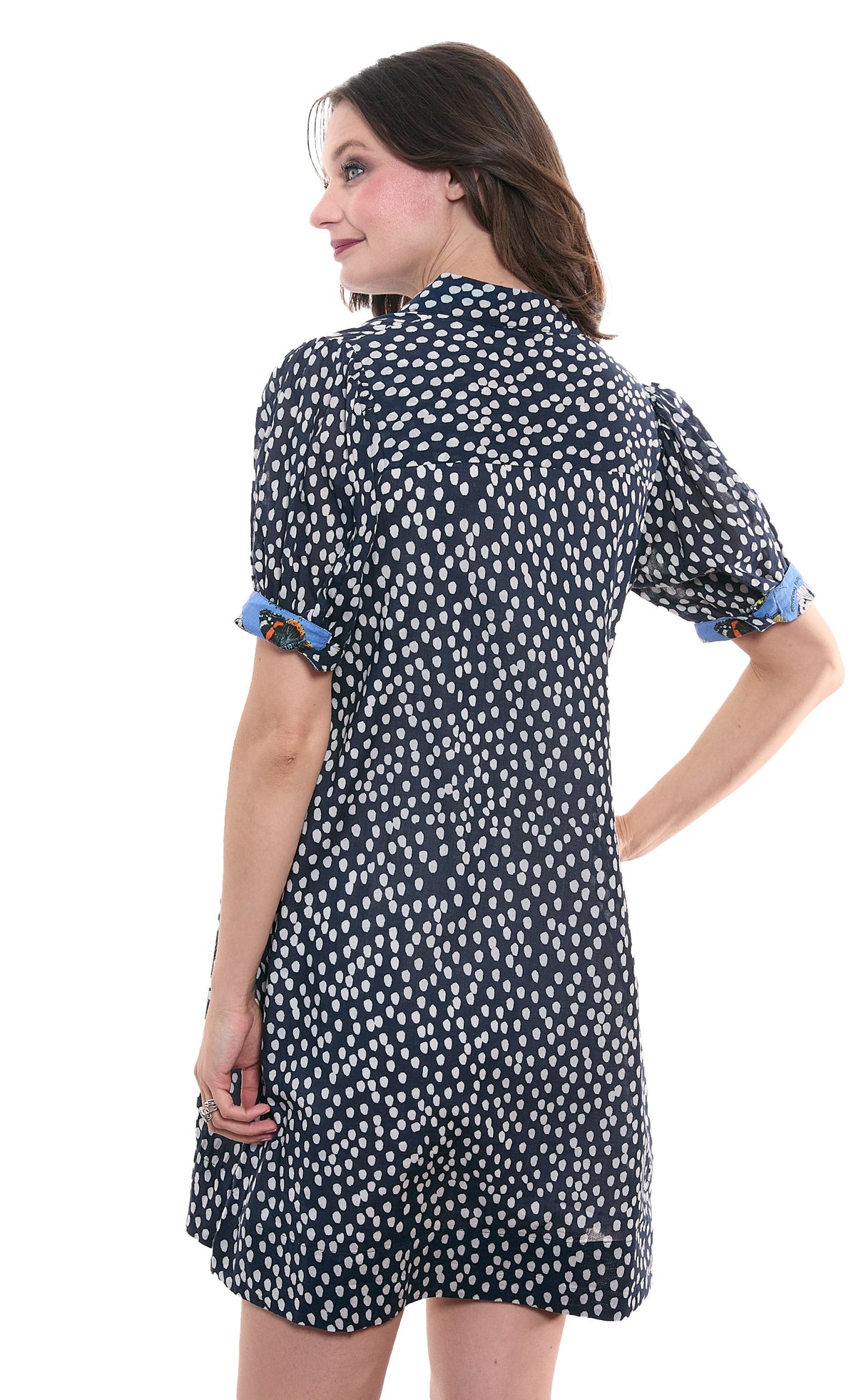 Left Bank Puff Sleeve Dress Navy White Polka Dots