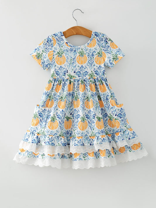 Fall Girls Pumpkin Patch Dress Lace Trim with Pockets