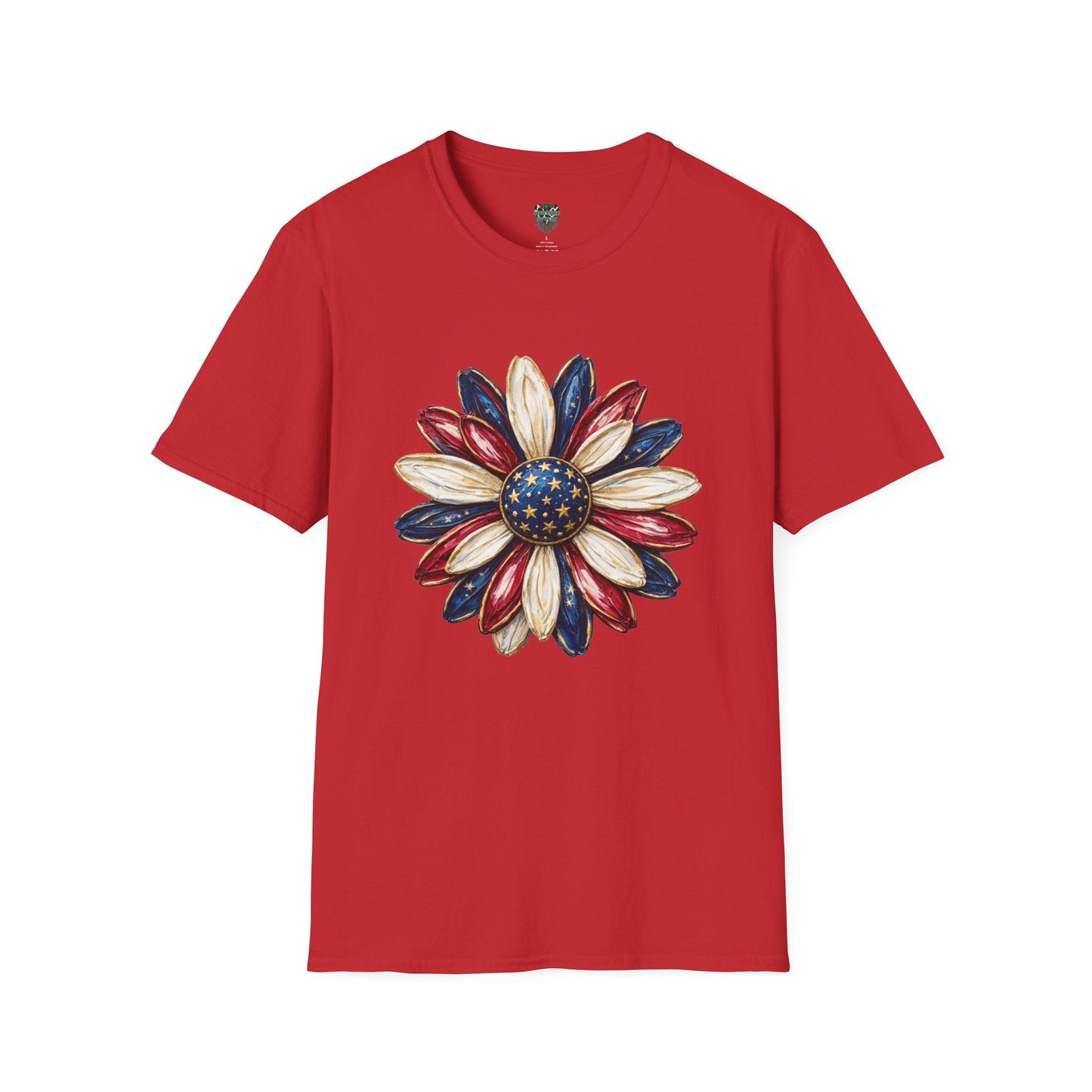 PATRIOTIC SUNFLOWER TSHIRT - RED, WHITE AND BLUE AMERICAN FLAG FLORAL GRAPHIC TEE
