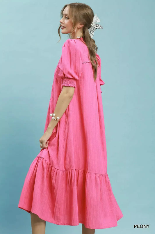 Umgee Textured Puff Sleeve Midi Dress