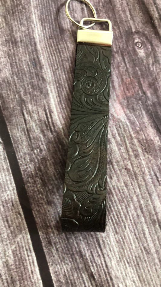 Dark Brown Tooled leather Wristlet keychain
