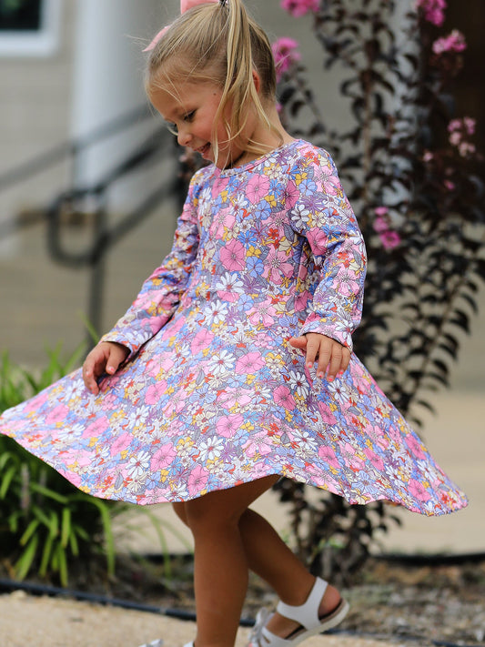 Fall Vintage Floral Print Girls Long Sleeve Twirl Dress
