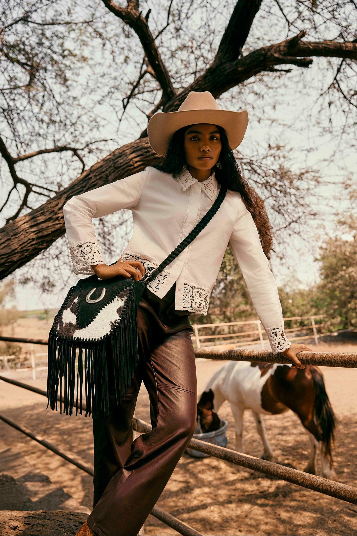 Mustang's Luck Leather And Hairon Bag In Black & White