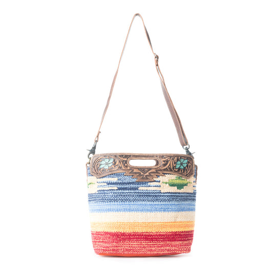 Myra Azure Petals Woven Crossbody Bag with Handtooled Leather – Multicolor Embroidery, Adjustable Strap & Cutout Handle