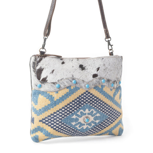 Myra Tufts Pattern Woven Hairon Crossbody – Tribal Geometric Print with Leather Strap and Studded Accents