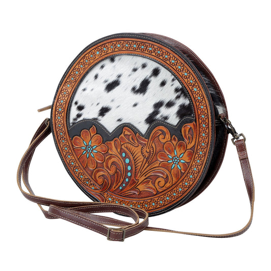 Myra Simply Sober Round Hairon Leather Crossbody – Handtooled Floral & Cowhide Circle Bag for Carnival Adventures