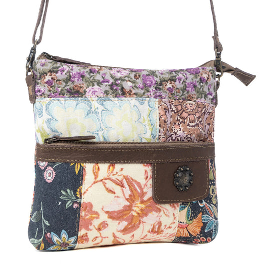 Myra La Fleur Patchwork Crossbody Bag – Floral Canvas Panels, Brown Leather Accents, Boho Cowgirl Everyday Purse