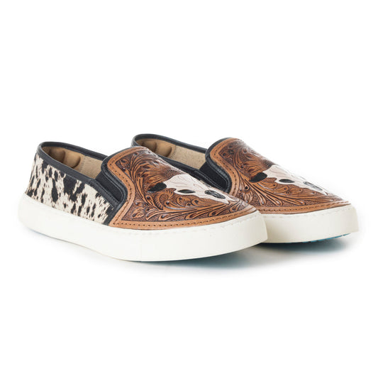 Myra Reflexo Textured Leather Slip-Ons - Hairon Cowhide & Floral Tooling Comfort Sneakers for Women