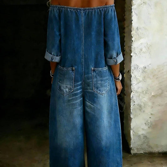 Women's Off-Shoulder Washed Faux Denim Strap Overalls Jumpsuit
