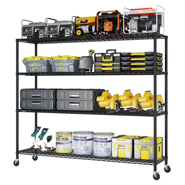 4-tier, adjustable shelf spacing, with adjustable feet and wheels, iron display stand, 160*60*165cm, powder-coated black