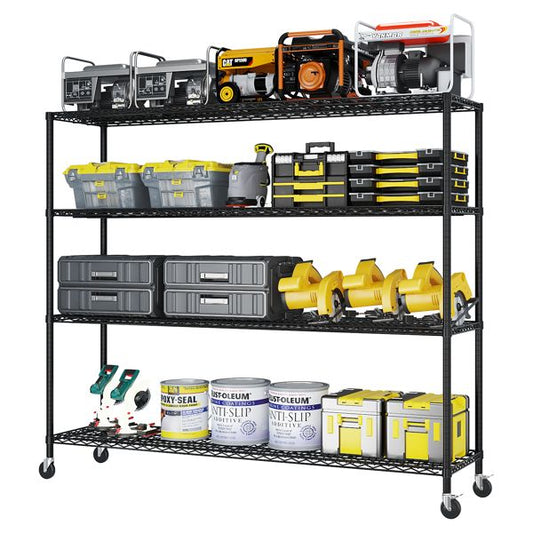4-tier, adjustable shelf spacing, with adjustable feet and wheels, iron display stand, 160*60*165cm, powder-coated black