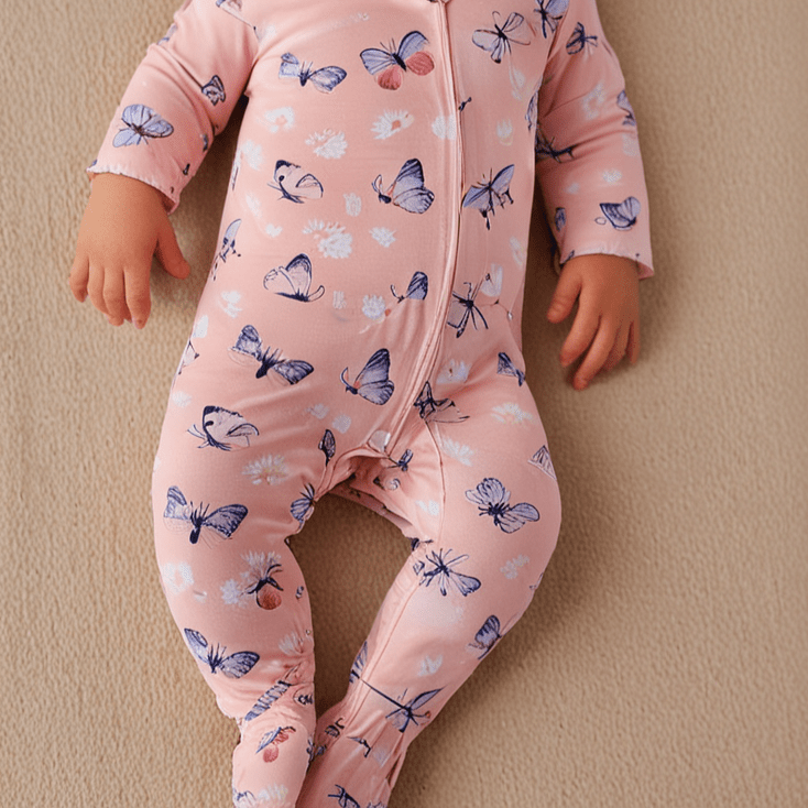 Pink Butterfly Daisy Bamboo Zipper Footie