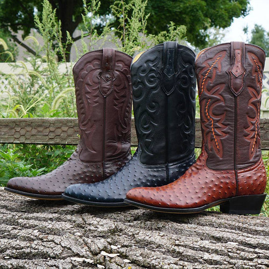 Men's Black Ostrich Print Cowboy Boots (H7002)