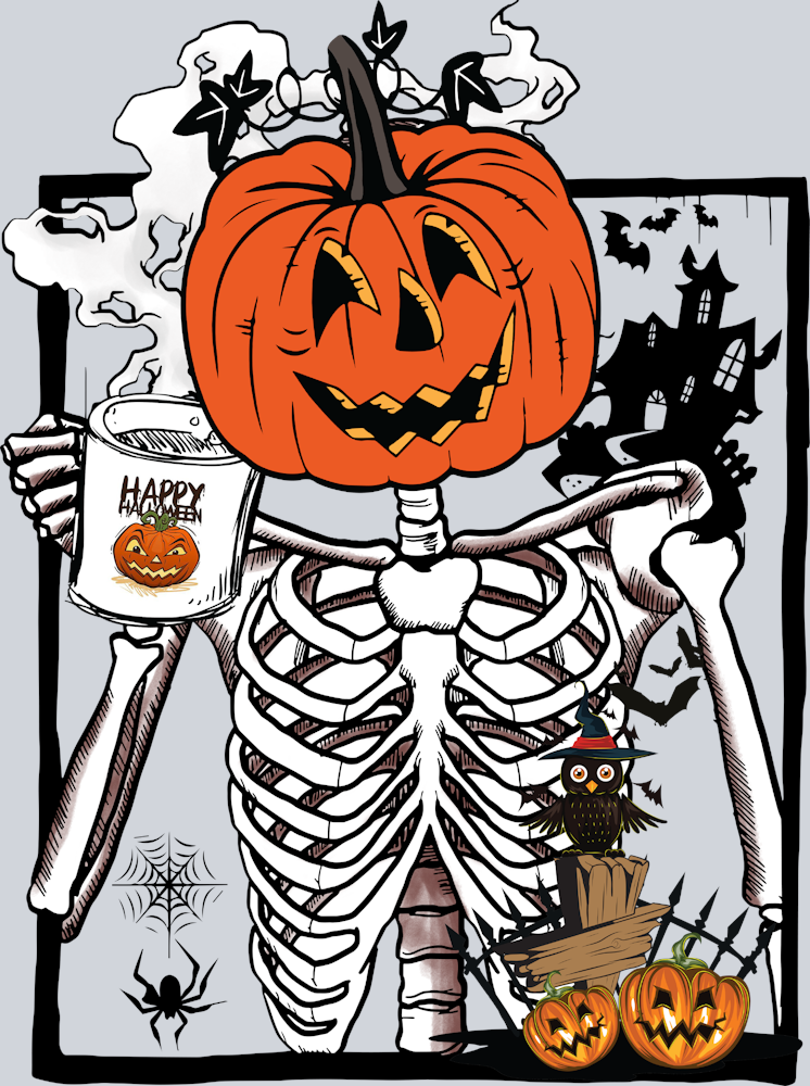 Happy Halloween Pumpkin Face And Skeleton Body - STK02569 (DTF Transfers)