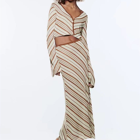 Spring/Summer Women's Striped Knit Top High Waist Skirt Suit