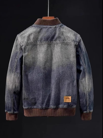 Men's Plus Size Button Up Washed Denim Bomber Jacket