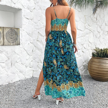 European and American spring and summer women's temperament printed suspender dress