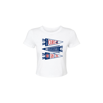Chicago Cubs Pennant Baby Tee | Women's Vintage Baseball Graphic Tee | White Fitted Tee