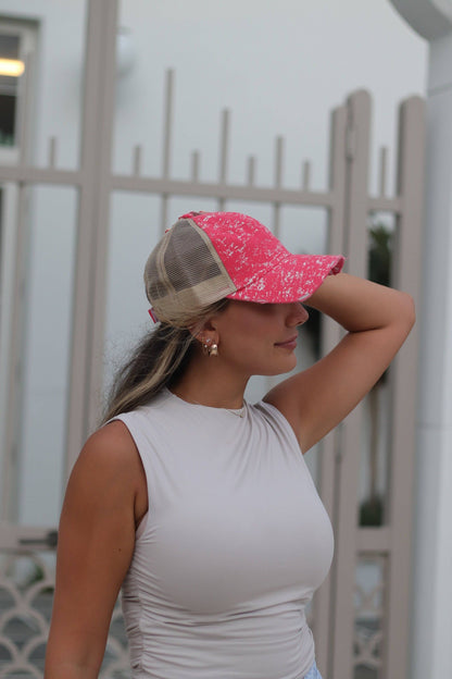 CORAL COLOR HAT WITH DISTRESSED SPLATTER