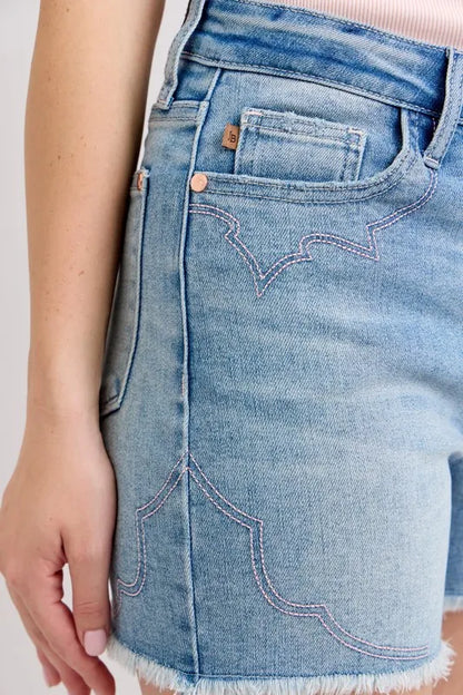 Judy Blue Full Size High Waist Western Embroidery Detail Cut Off Denim Shorts Plus Size