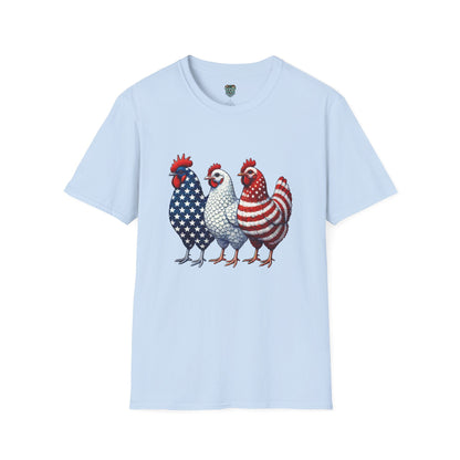 PATRIOTIC FARM CHICKENS TSHIRT - AMERICAN FLAG ROOSTER TRIO GRAPHIC TEE