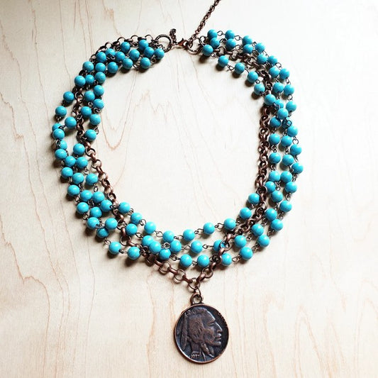 Blue Turquoise Collar Necklace with Indian Coin