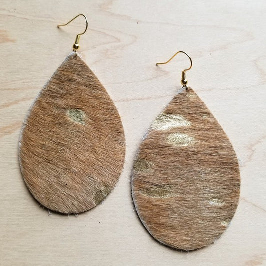 Leather Teardrop Earrings in Tan and Gold Hair