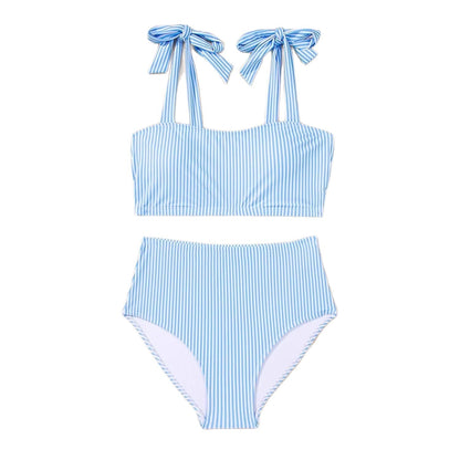 Tie-Shoulder Striped High-Waisted Bikini Set – Two-Piece Swimsuit for Women