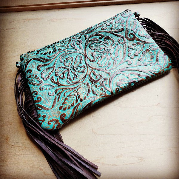 Embossed Cowboy Turquoise Leather Clutch