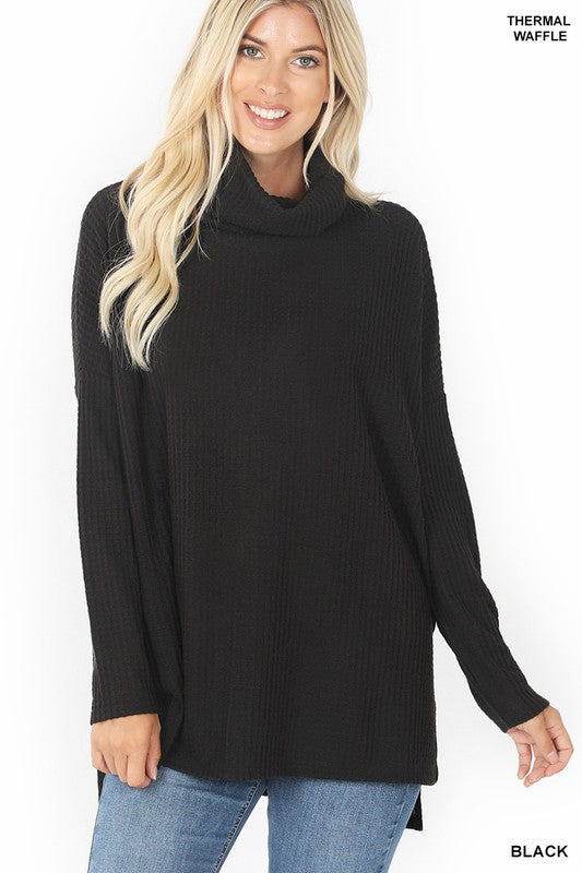 BRUSHED THERMAL WAFFLE COWL NECK HI-LOW SWEATER