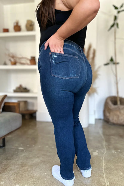 JUDY BLUE HIGH WAIST RIGID MAGIC HEAVY DESTROY STRAIGHT JEANS