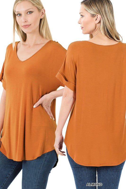 Luxe Rayon Short Cuff Sleeve V-Neck Round Hem Top.