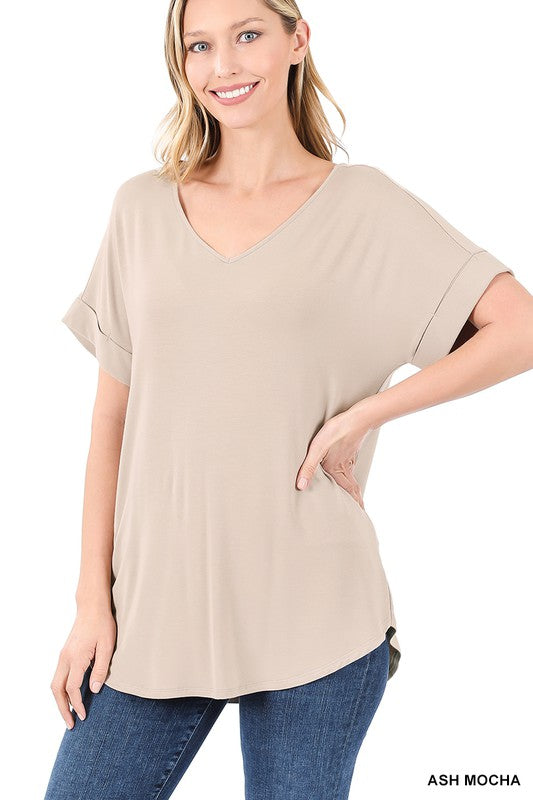 Luxe Rayon Short Cuff Sleeve V-Neck Round Hem Top.