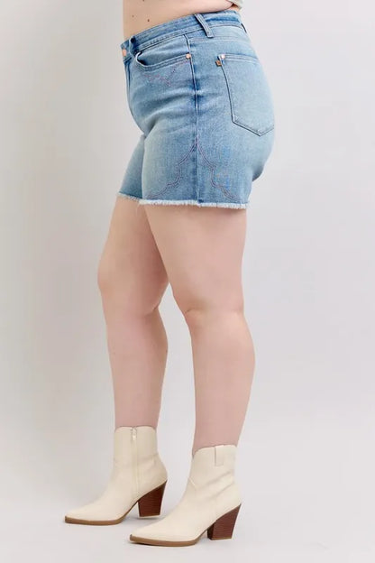 Judy Blue Full Size High Waist Western Embroidery Detail Cut Off Denim Shorts Plus Size