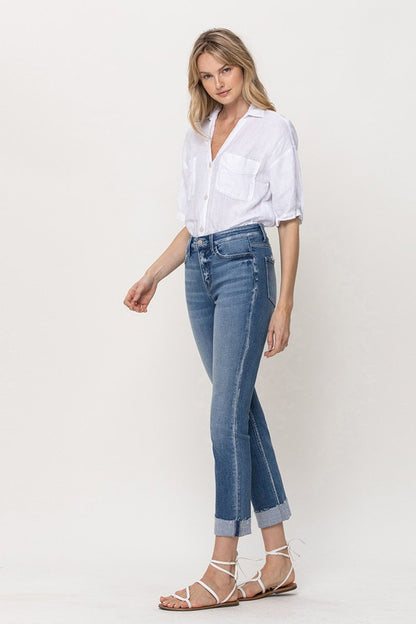 Mid-Rise Single Cuffed Crop Slim Straight Jeans