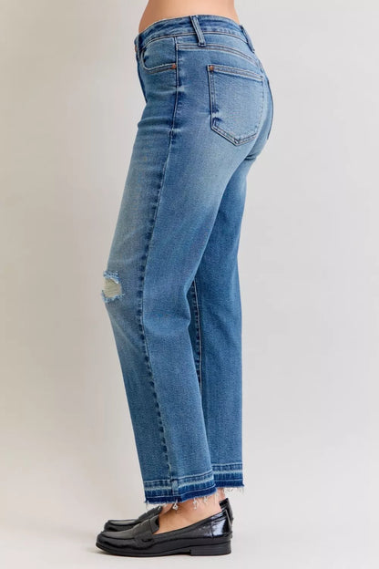 Judy Blue Full Size Mid Rise Bf Patch & Repair Destroy Release Hem Jeans Plus Size
