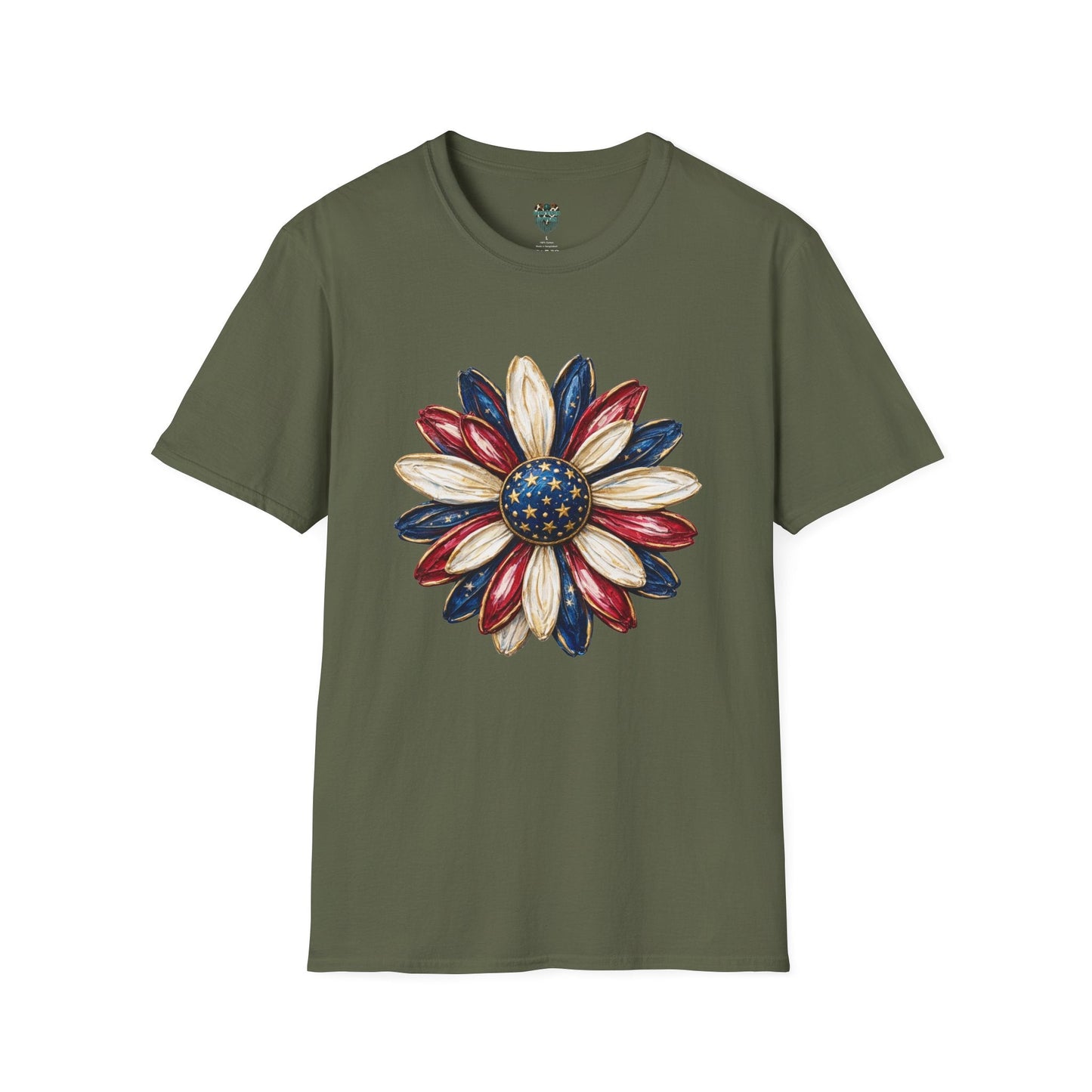 PATRIOTIC SUNFLOWER TSHIRT - RED, WHITE AND BLUE AMERICAN FLAG FLORAL GRAPHIC TEE