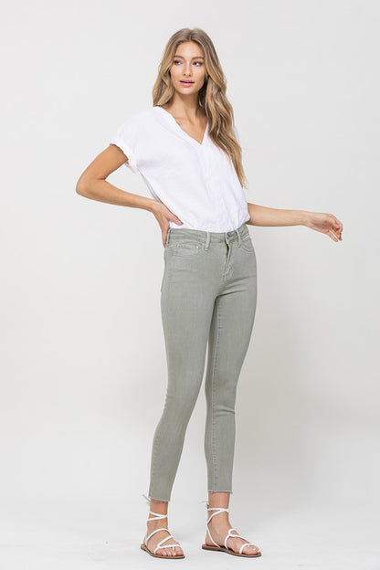 MID RISE DENIM OLIVE SKINNY FRAY HEM