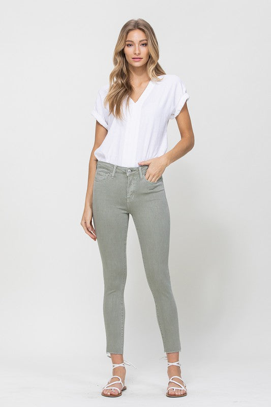 MID RISE DENIM OLIVE SKINNY FRAY HEM