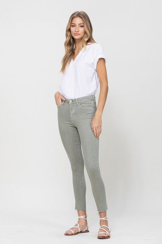 MID RISE DENIM OLIVE SKINNY FRAY HEM