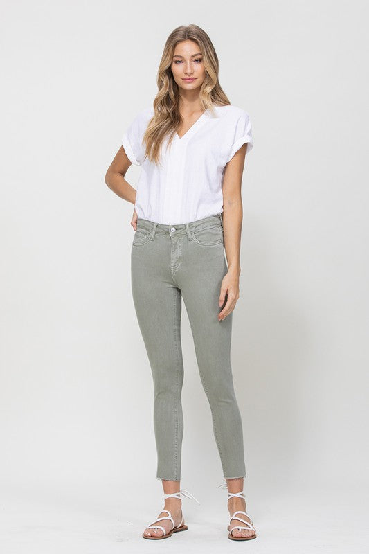 MID RISE DENIM OLIVE SKINNY FRAY HEM