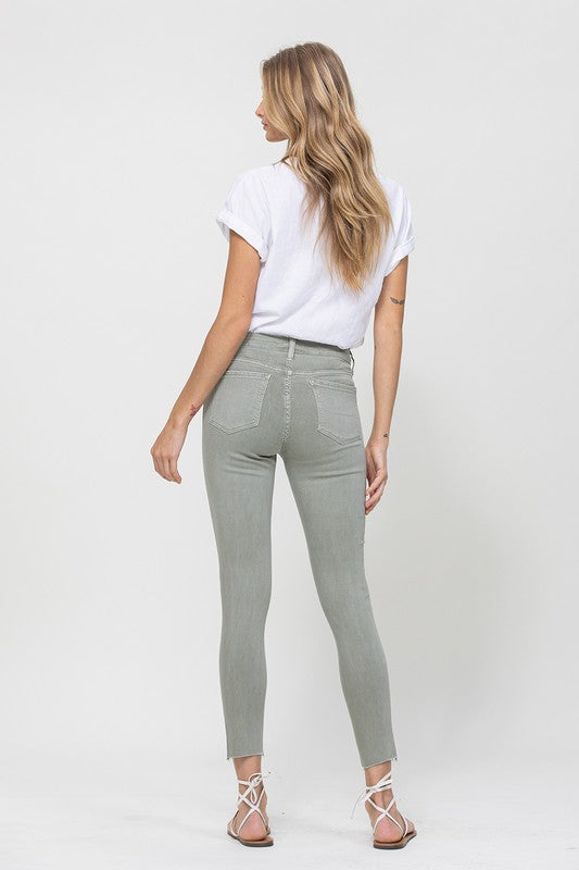 MID RISE DENIM OLIVE SKINNY FRAY HEM