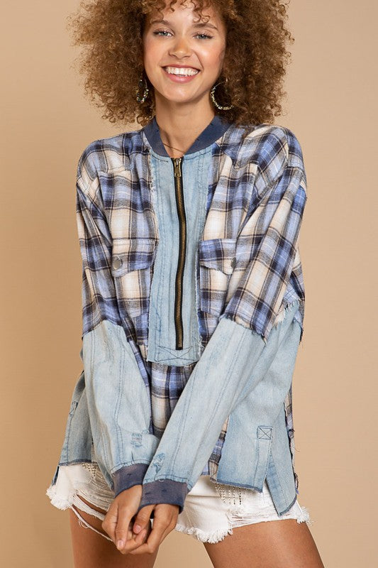Half-Zip Pullover with Plaid Detail