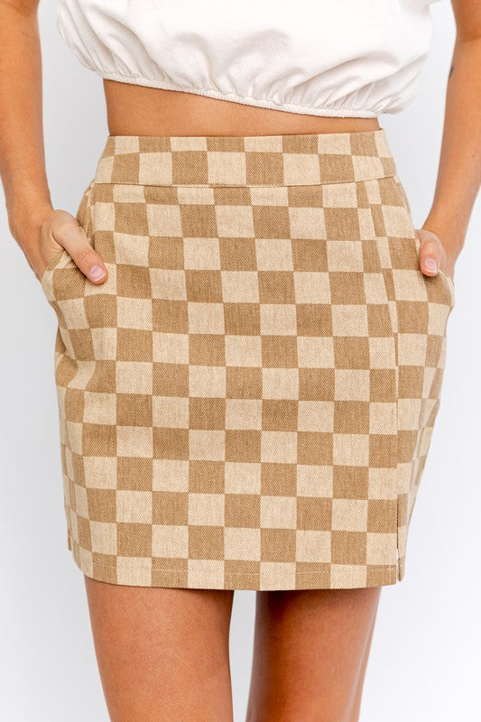 Checkerboard Print Slit Mini Skirt