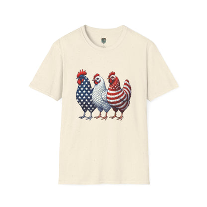 PATRIOTIC FARM CHICKENS TSHIRT - AMERICAN FLAG ROOSTER TRIO GRAPHIC TEE